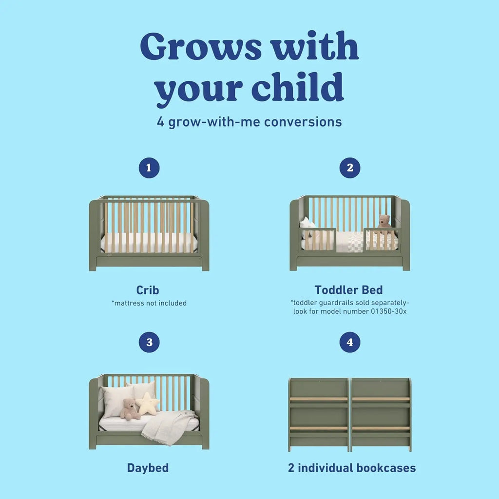 Versatile 4-in-1 Convertible Nursery Crib with Storage Drawer, Toddler Bed, Daybed, Bookshelves