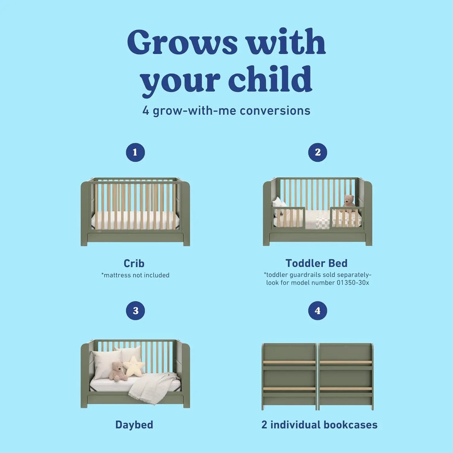 Versatile 4-in-1 Convertible Nursery Crib with Storage Drawer, Toddler Bed, Daybed, Bookshelves