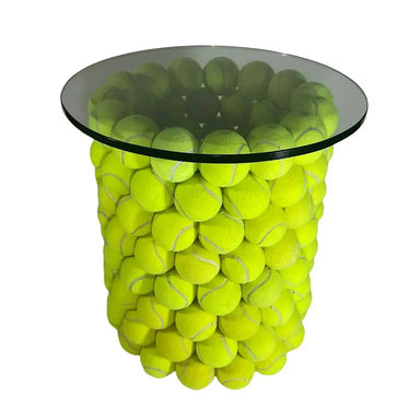Chic Round Tempered Glass Coffee Table, Unique Tennis Ball Design Base