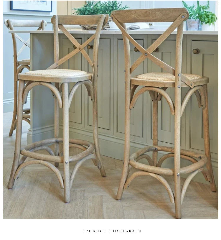 Elegant Oak Finish Cross Back Counter Stool with Woven Rattan Seat