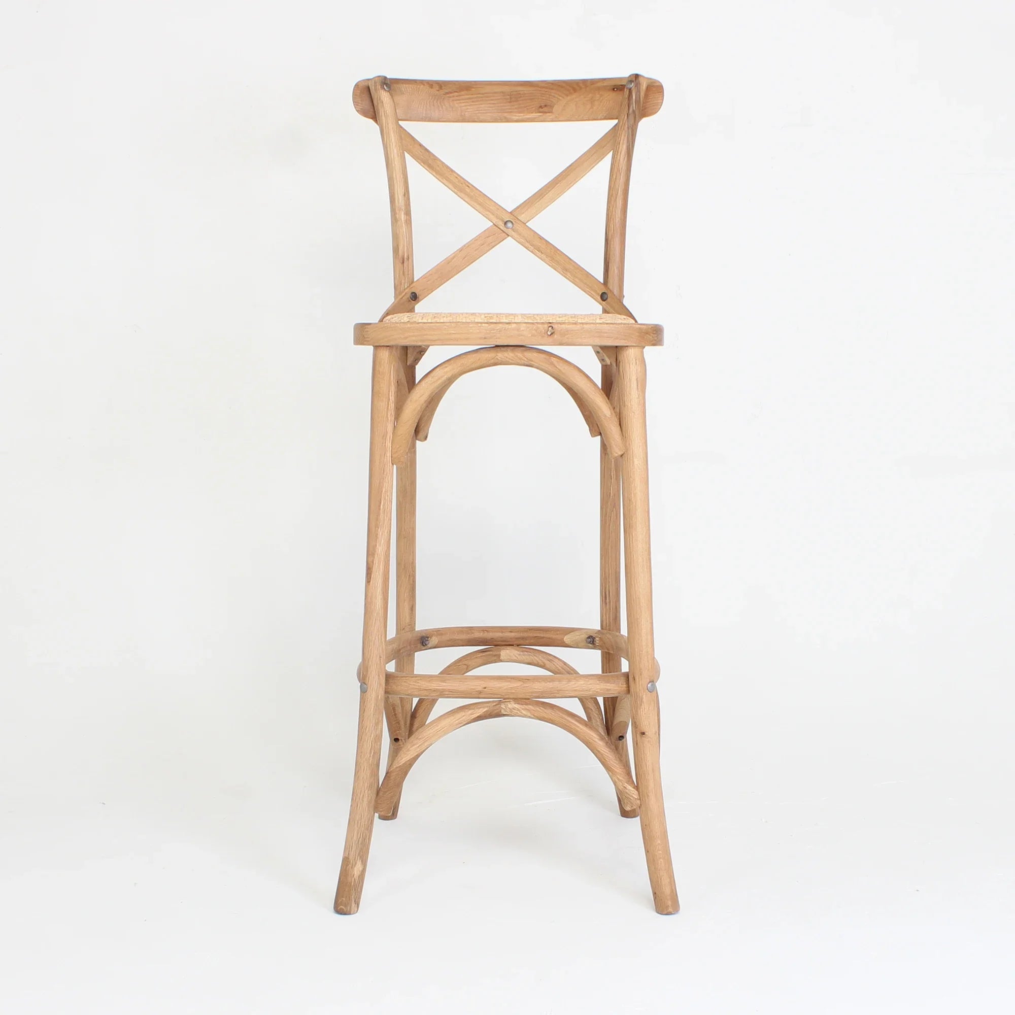 Elegant Oak Finish Cross Back Counter Stool with Woven Rattan Seat