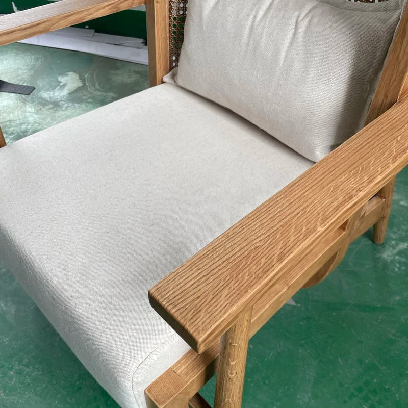 Elegant High Back Rattan Cane Solid Oak Wood Linen Seat Accent Chair