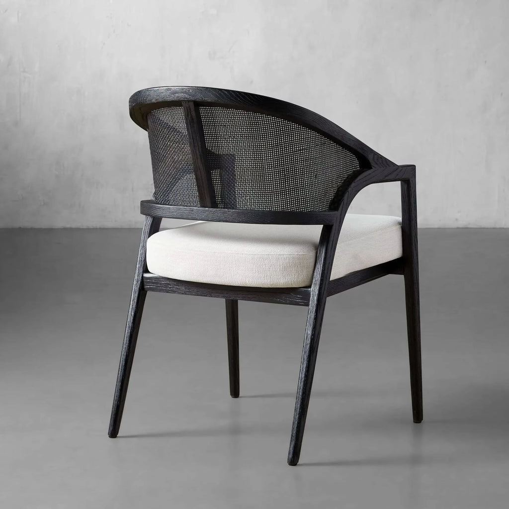 Aimee Modern Upholstered Rattan Back Dining Arm Chair, Solid Oak Frame