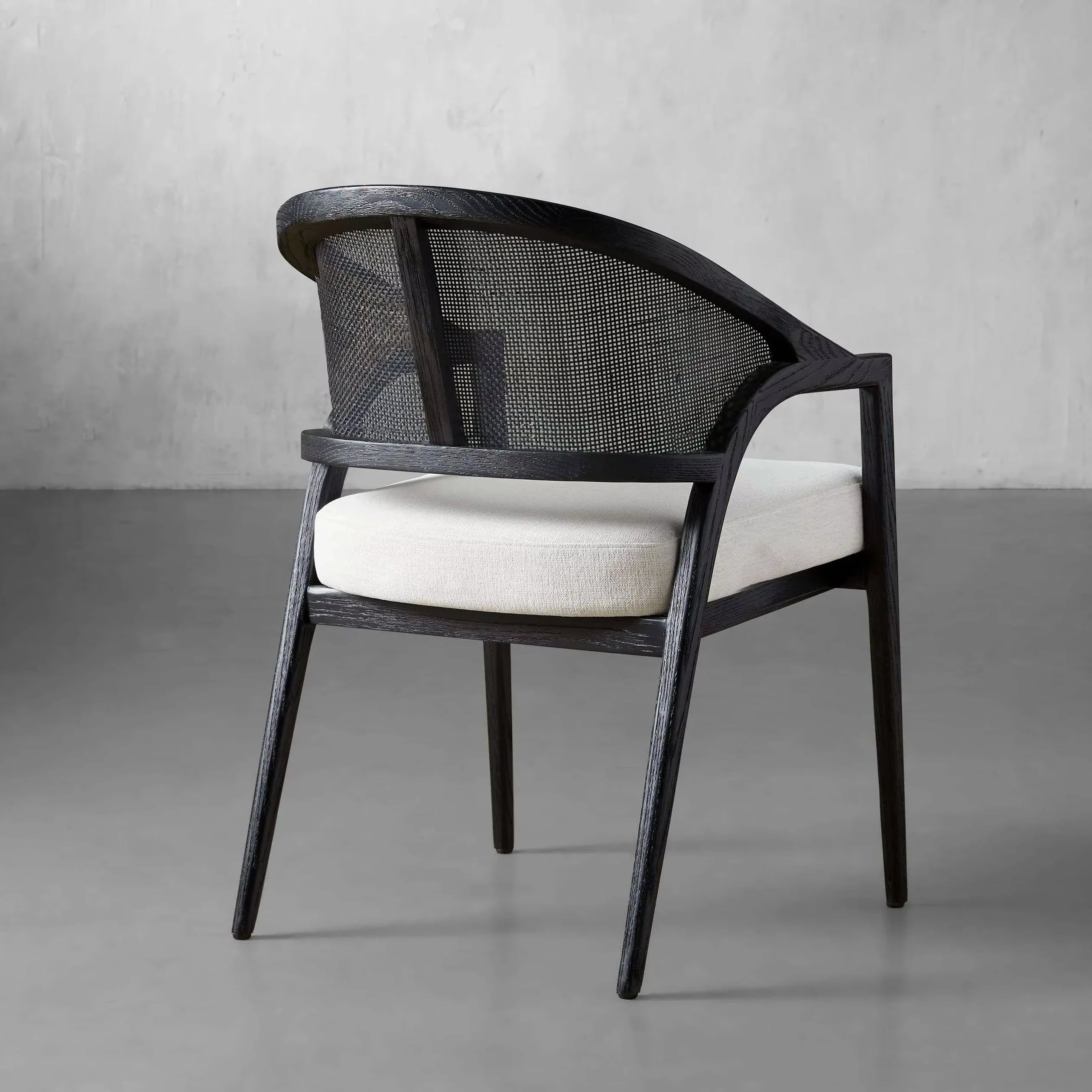 Aimee Modern Upholstered Rattan Back Dining Arm Chair, Solid Oak Frame