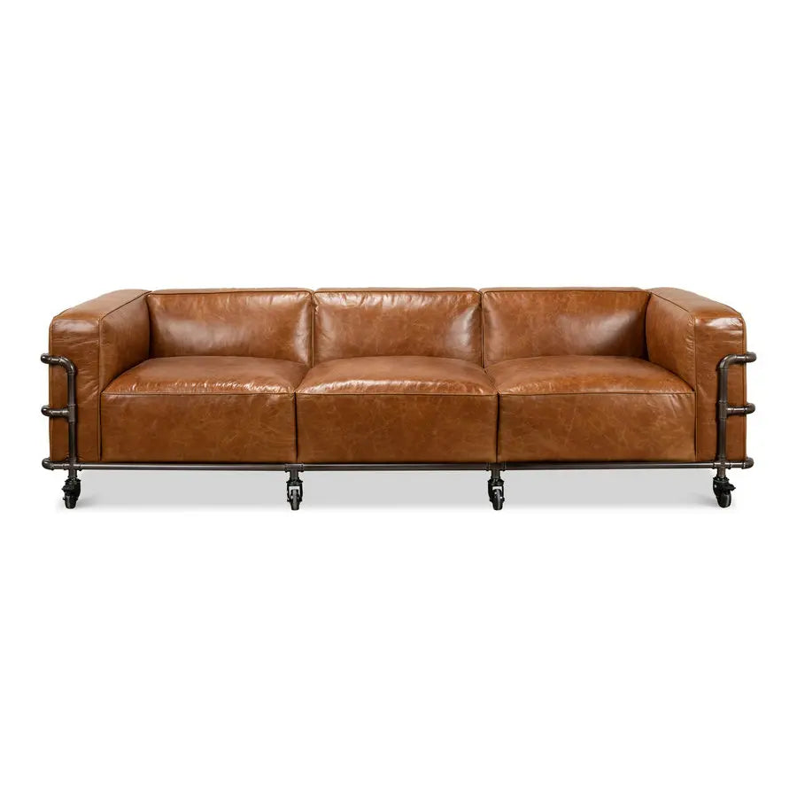 Vintage Industrial Faux Leather Sofa, Cast Iron Wheels, Aged Living Room Couch