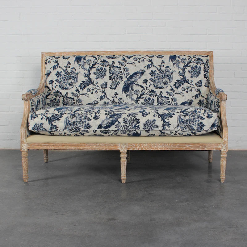 Chic French Solid Oak 2-Seat Upholstered Linen Sofa for Events & Home