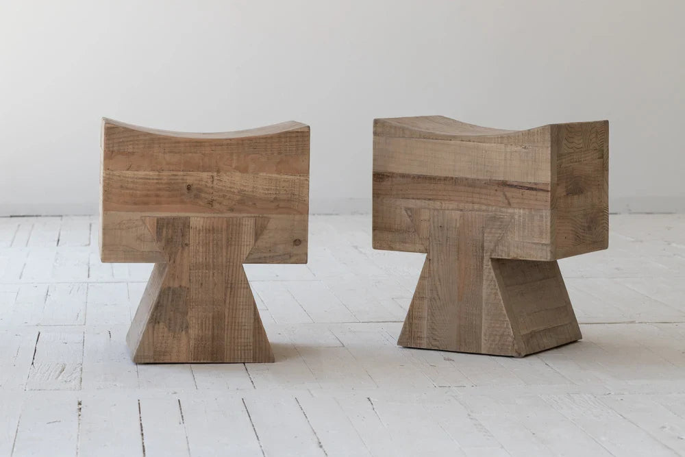 Natural Brushed Recycled Wood Foot Stool for Living Room Furniture