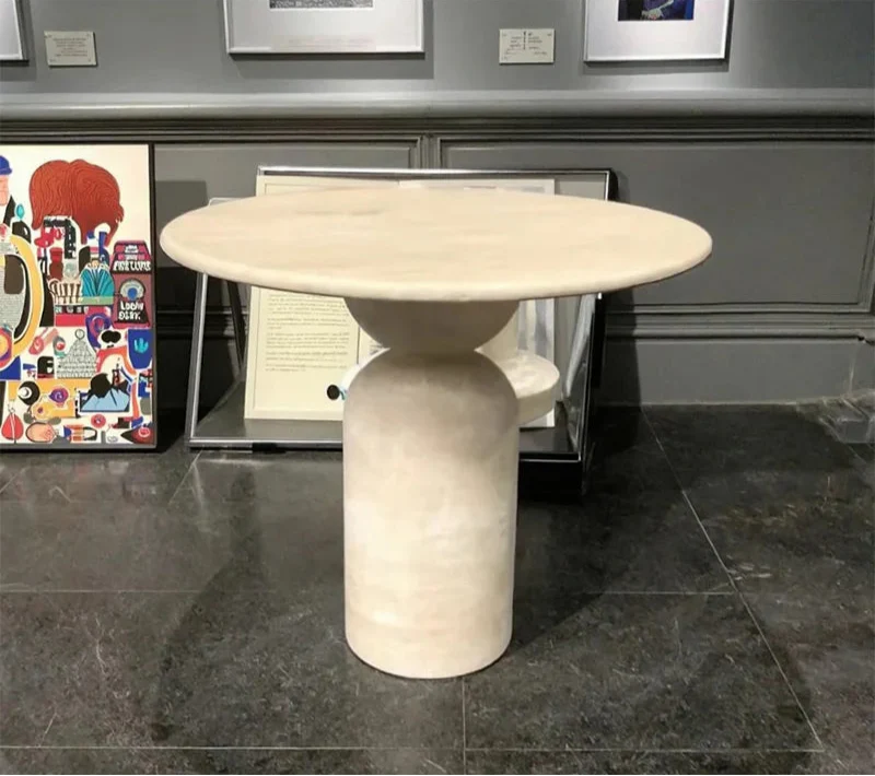 Elegant Beige Travertine Side Table: Modern Natural Stone Accent Furniture