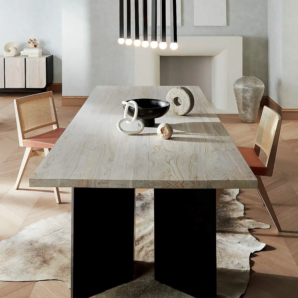 Nordic Wash Top Solid Wood Dining Table, Modern Black Legs, 8-10 Seater