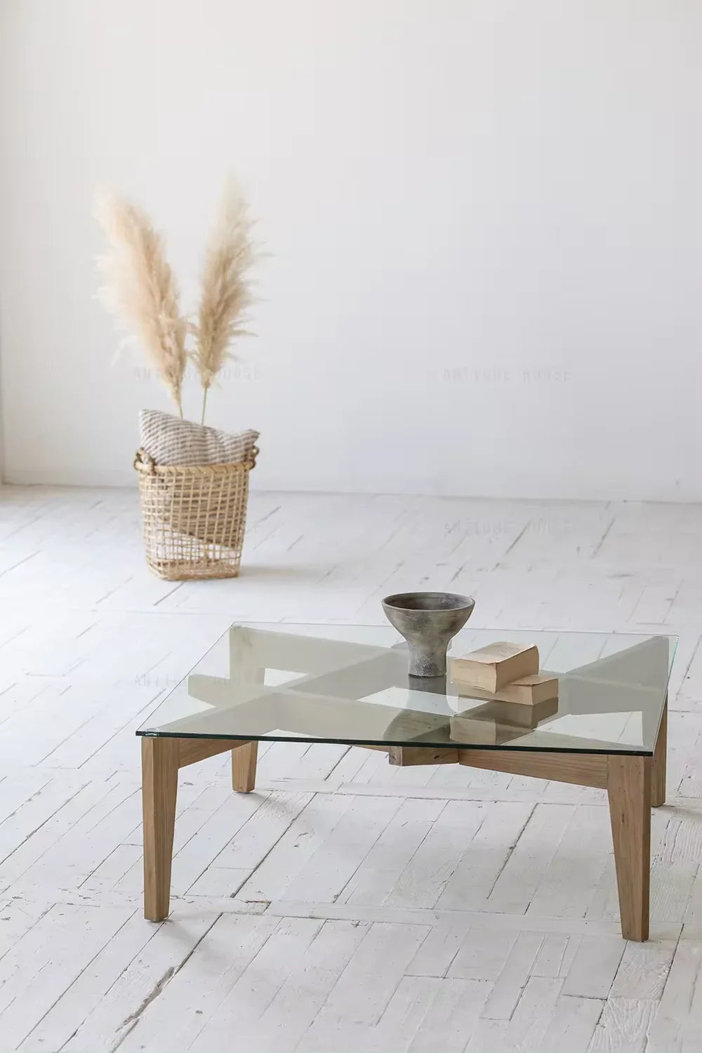Chic Japandi Wabi-Sabi Square Glass Coffee Table with Recycled Elm Base