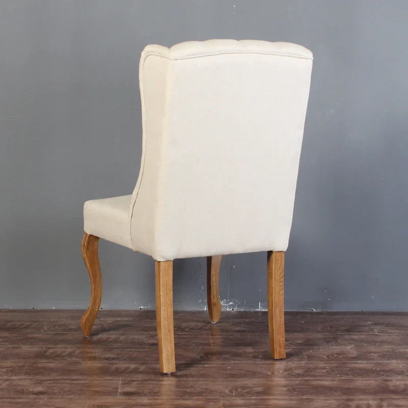 Luxurious French Wingback Linen Tufted Dining Chair, Solid Oak Frame