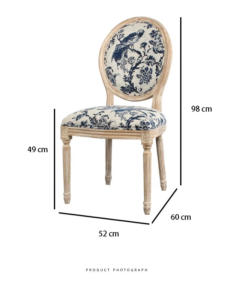 French Style Louis Round Back Linen Upholstered Solid Oak Dining Chair