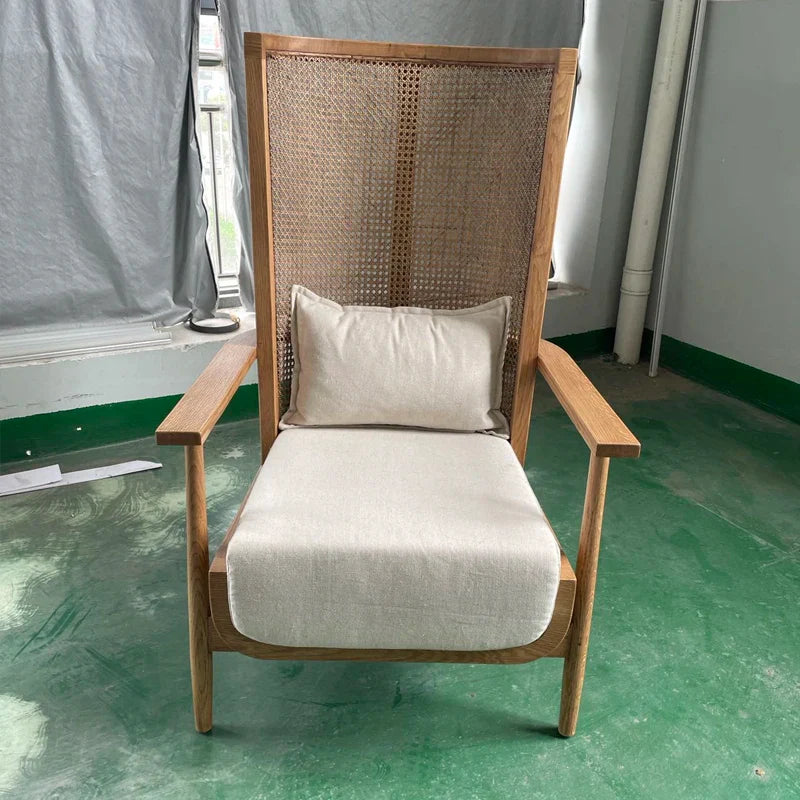 Elegant High Back Rattan Cane Solid Oak Wood Linen Seat Accent Chair