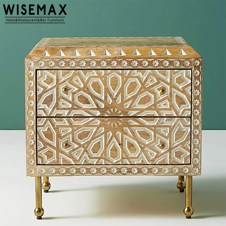 Elegant French Style Carved Ash Wood Nightstand with Gold Stainless Steel Legs