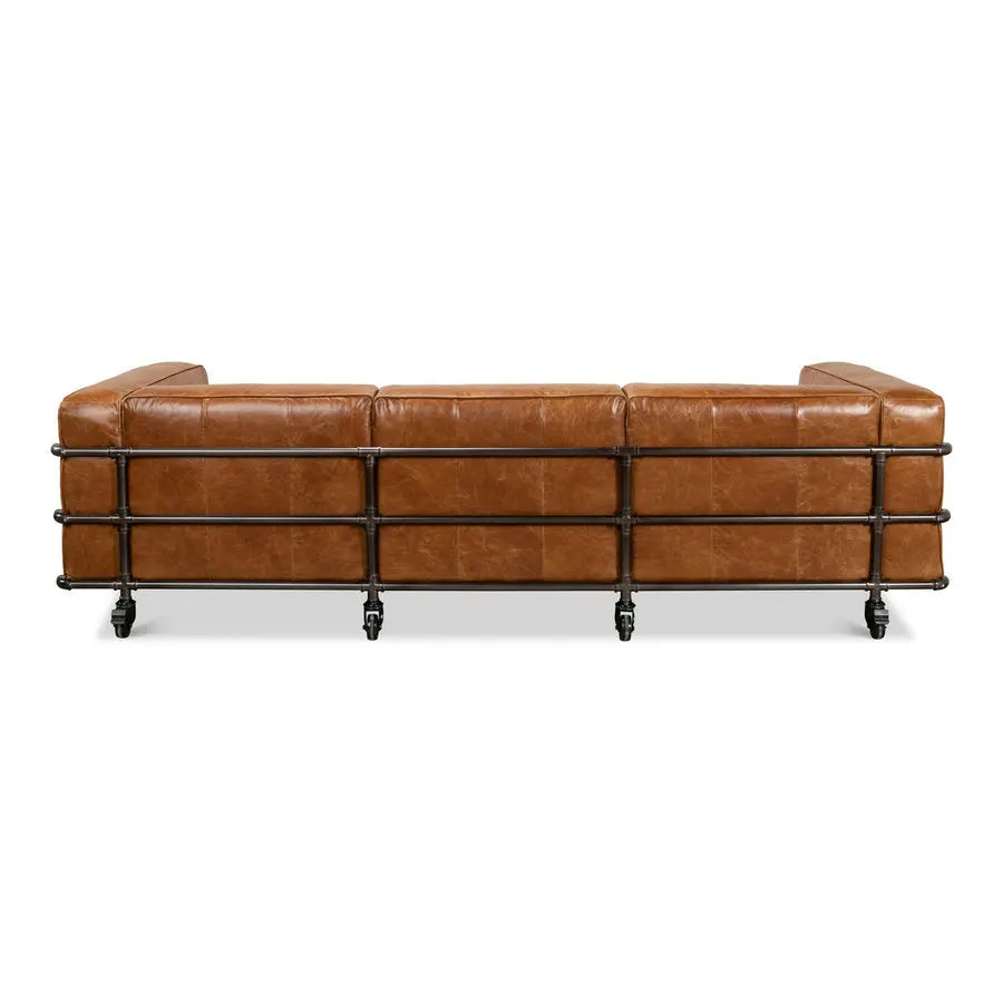 Vintage Industrial Faux Leather Sofa, Cast Iron Wheels, Aged Living Room Couch