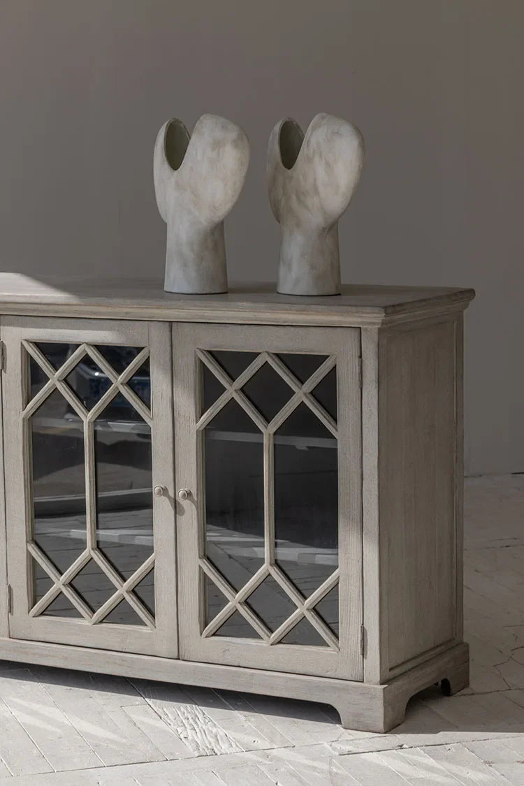 Elegant Mid-Century French Style Solid Recycled Pine Sideboard with Glass