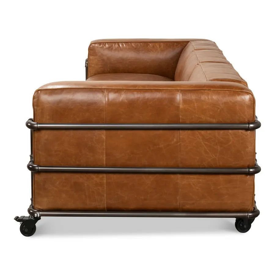 Vintage Industrial Faux Leather Sofa, Cast Iron Wheels, Aged Living Room Couch