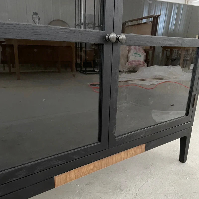 Elegant Black Oak Glass Display Cabinet for Living Room Storage & Decor