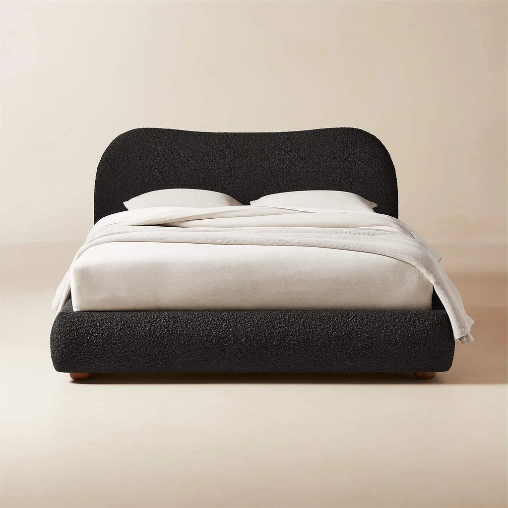 Luxurious Black Boucle Upholstered Solid Oak Wood King Size Bed Frame