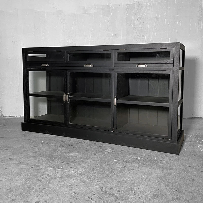 Elegant Black Oak Wood Sideboard: Glass Doors, Versatile Living Room Storage