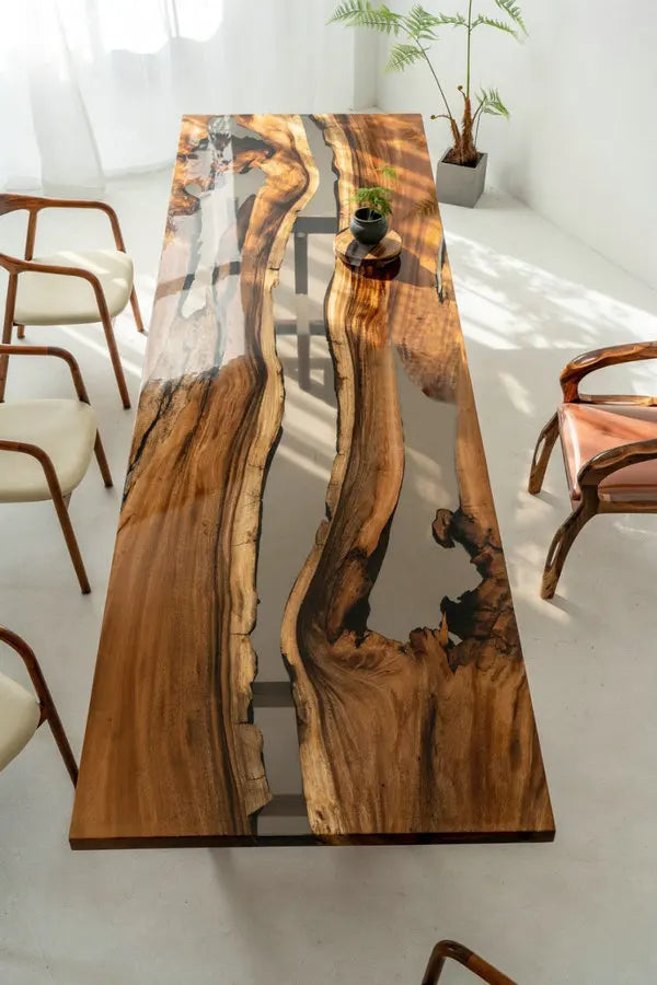 Exquisite Live Edge Solid Walnut Slab River Epoxy Dining Table