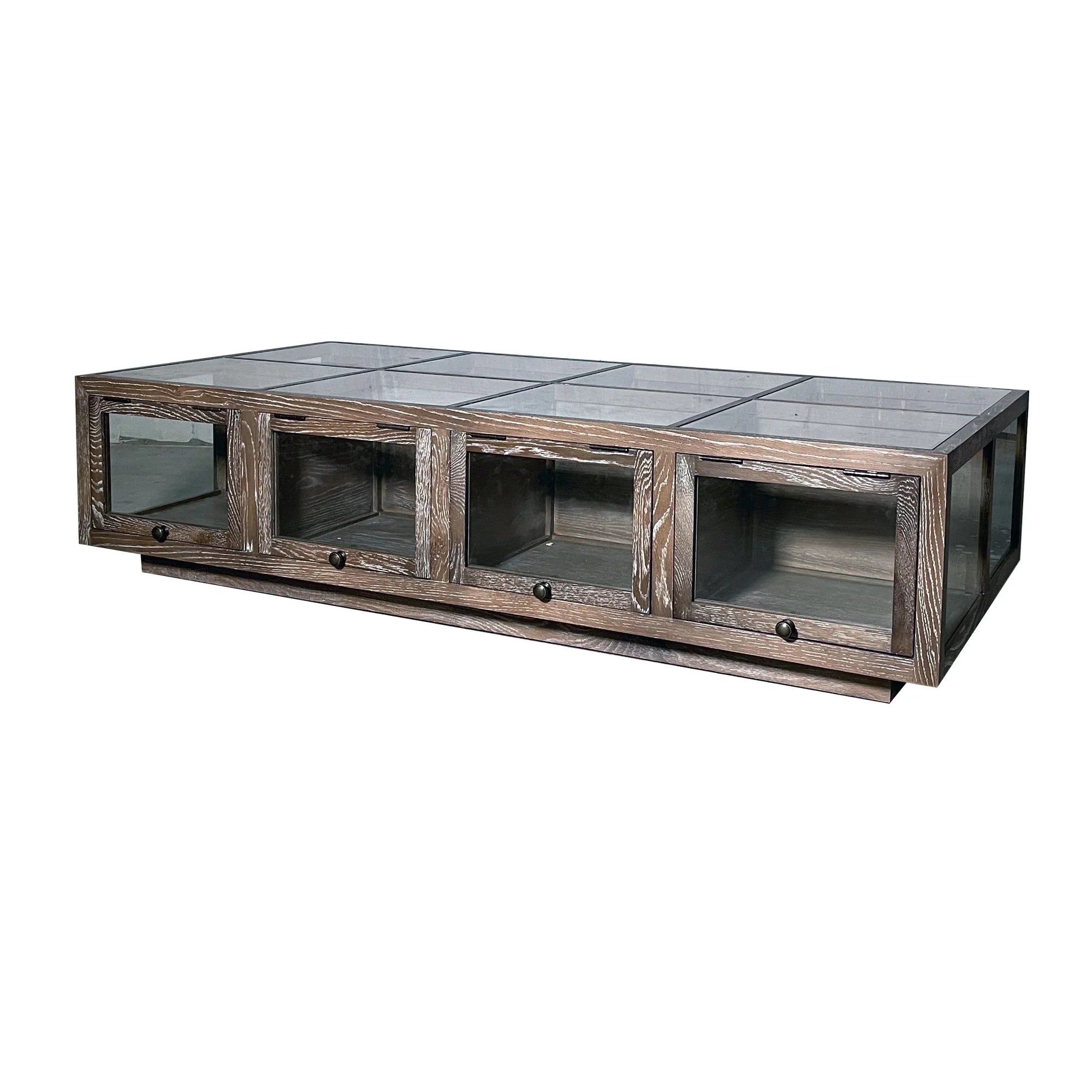 Elegant Glass Top Solid Oak Wood Coffee Table with Storage Drawers