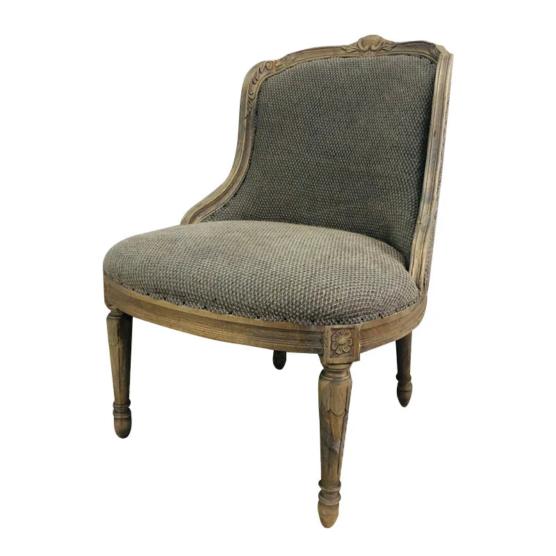 Elegant French Vintage Linen Upholstered Carved Solid Oak Dining Chair