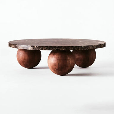 Elegant Round Emperador Marble Coffee Table with Unique Beech Wood Ball Base