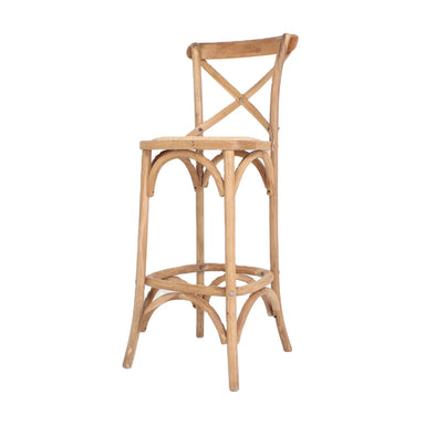 Elegant Oak Finish Cross Back Counter Stool with Woven Rattan Seat