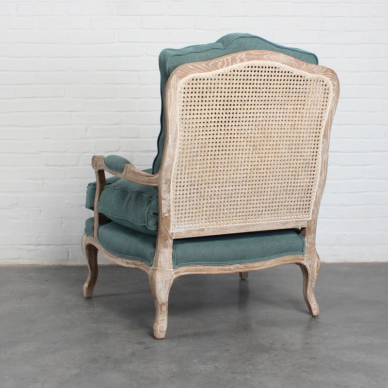 Elegant French Rattan Wicker Back Leisure Chair, Solid Oak Wood Frame