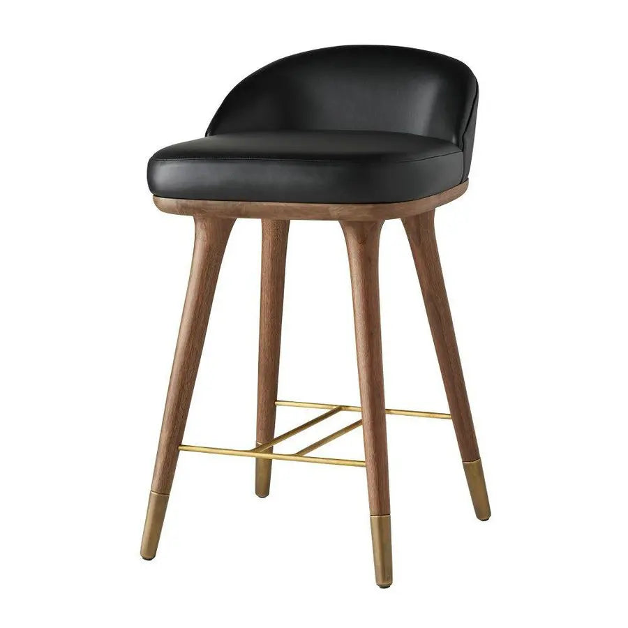 Luxurious Vintage Wood Barstool with Black Leather Backrest & Counter Height Seat
