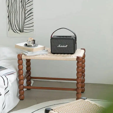 Elegant Bobbin Bench: Natural Oak Wood Woven Rattan Cane Footstool