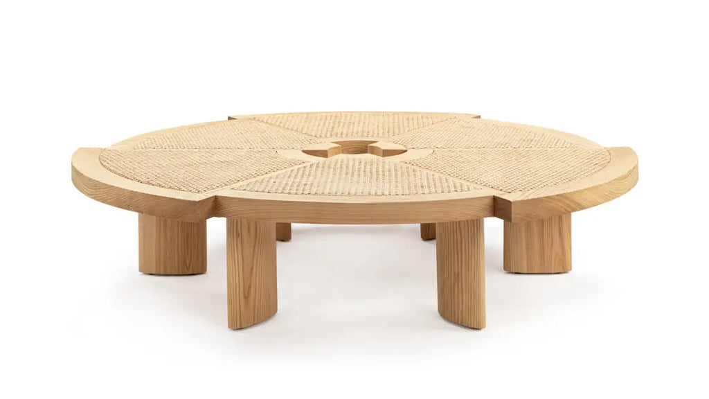 Chic Rattan & Oak Coffee Table - 6 Cane Inset Segments, Modern Living Room Centerpiece
