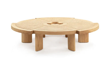 Chic Rattan & Oak Coffee Table - 6 Cane Inset Segments, Modern Living Room Centerpiece
