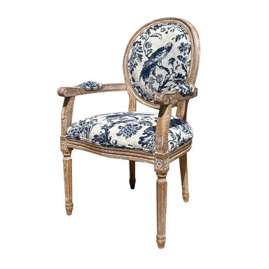 Elegant French Louis Arm Chair: Linen Upholstered, Solid Oak Wood, Antique Style
