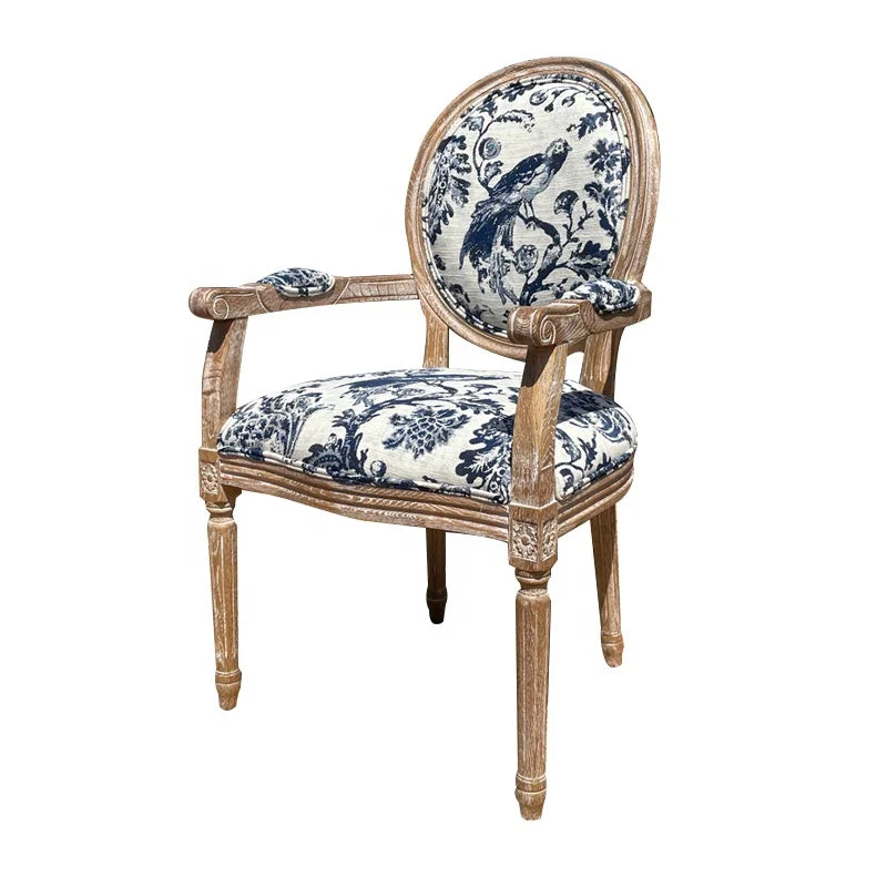 Elegant French Louis Arm Chair: Linen Upholstered, Solid Oak Wood, Antique Style