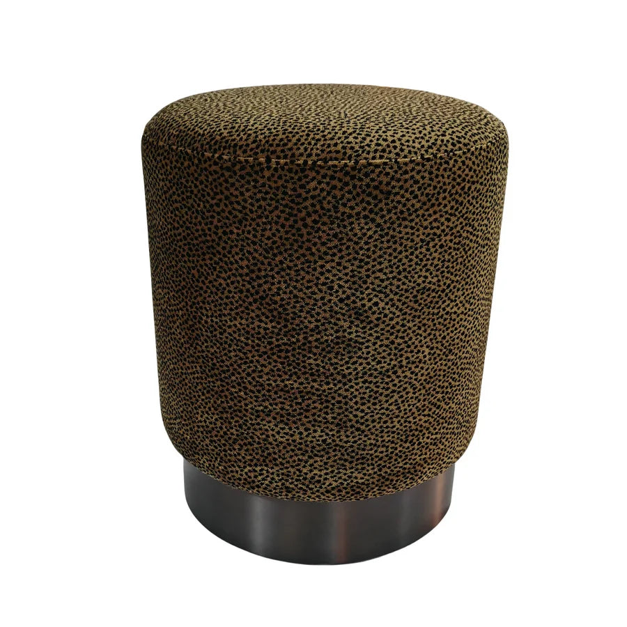 Modern Leopard Print Velvet Ottoman, Brass Base Luxury Pouf, Round Boucle Footrest Stool