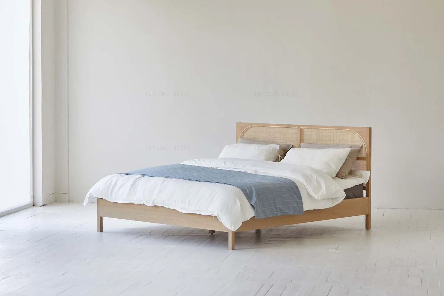 Rustic Boho Oak Rattan Wooden Double Bed Frame for Organic Bedroom Furniture
