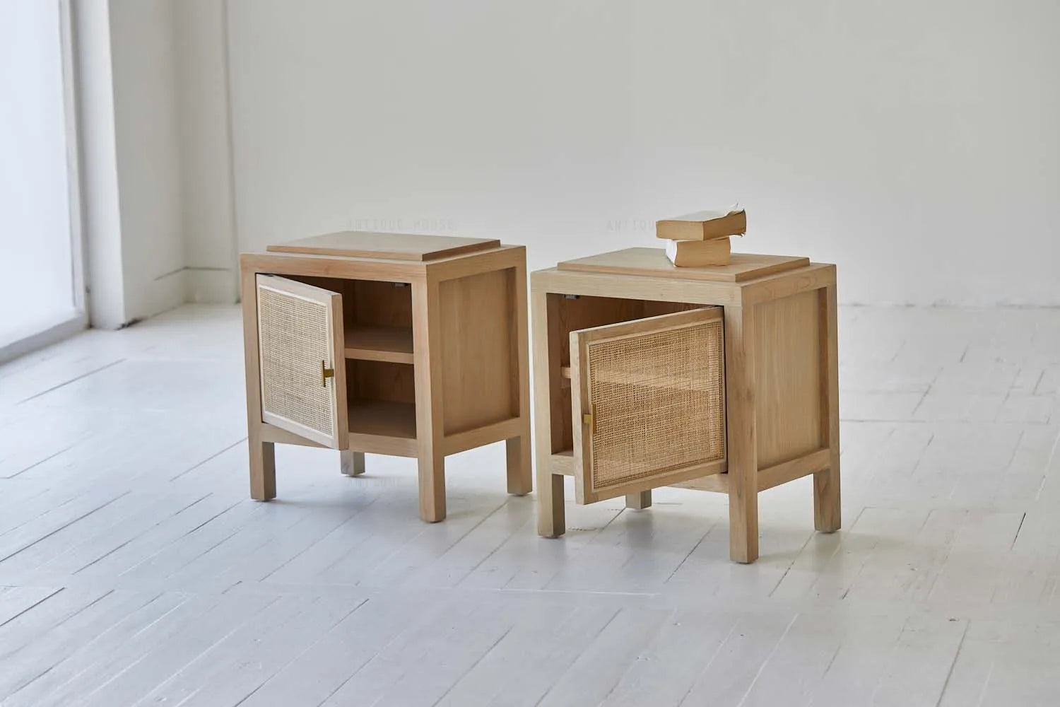 Boho Rattan Oak Wood Nightstand Bedside Table with French Country Charm