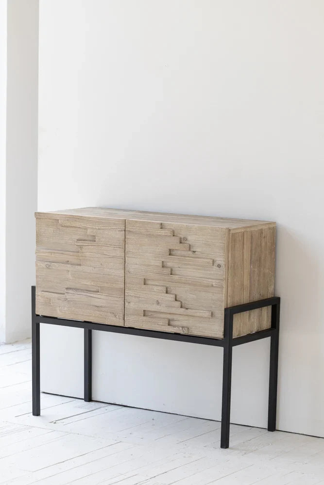 Japandi Recycled Pine Steel Sideboard: Rustic Wood Accent Cabinet for Living Room