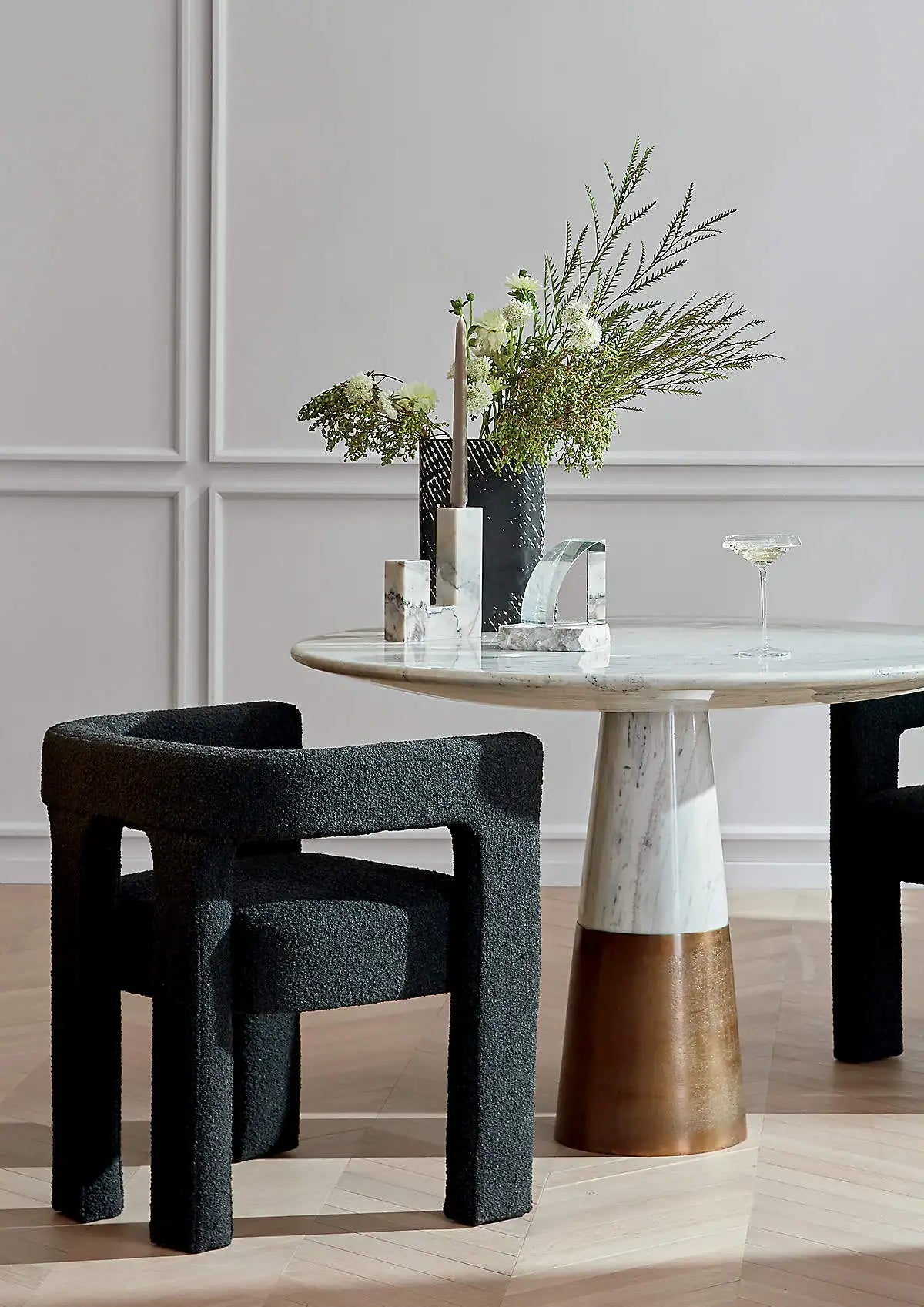 Elegant Italian Boucle Upholstered Dining Armchair - Plush Comfort, Black & White