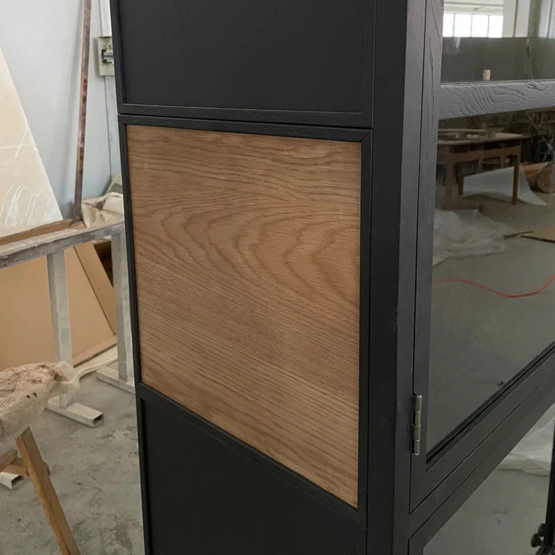 Elegant Black Oak Glass Display Cabinet for Living Room Storage & Decor