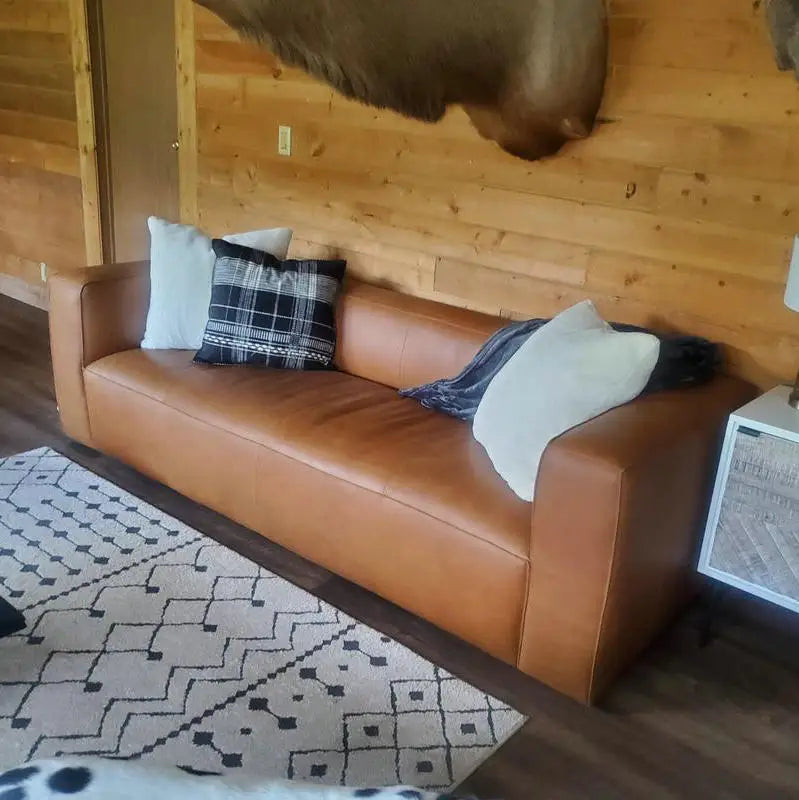 Modern 3-Seat Cognac Tan Leather Sofa Couch for Living Room Spaces