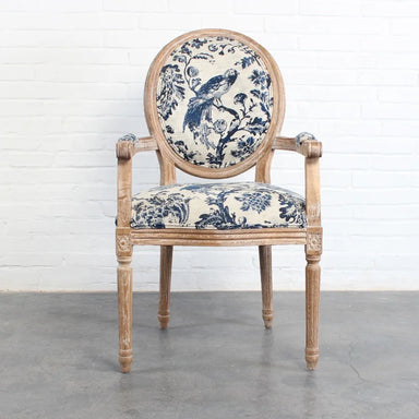 Elegant French Louis Arm Chair: Linen Upholstered, Solid Oak Wood, Antique Style