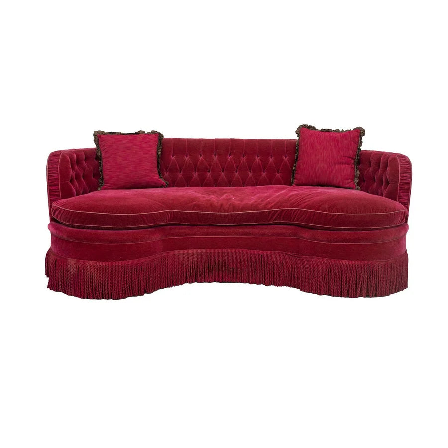 Opulent French Empire Red Velvet Tufted Fringed Grand Living Room Sofa
