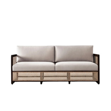 Stylish Rattan Fabric Sofa - Solid Oak Wood Slat Frame Modern Couch