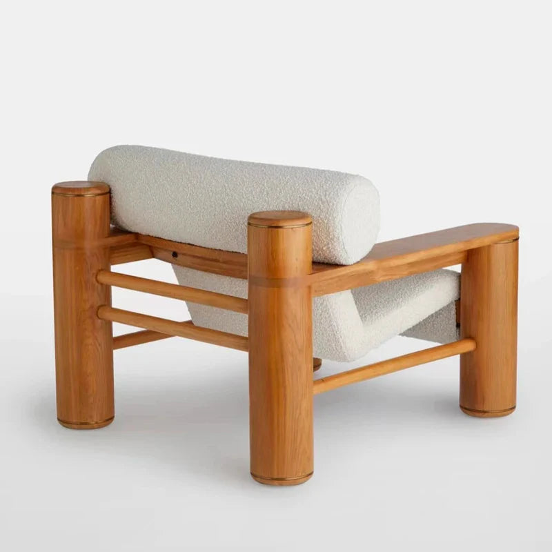 Chic White Boucle Solid Oak Accent Chair - Modern Living Room Leisure Seating