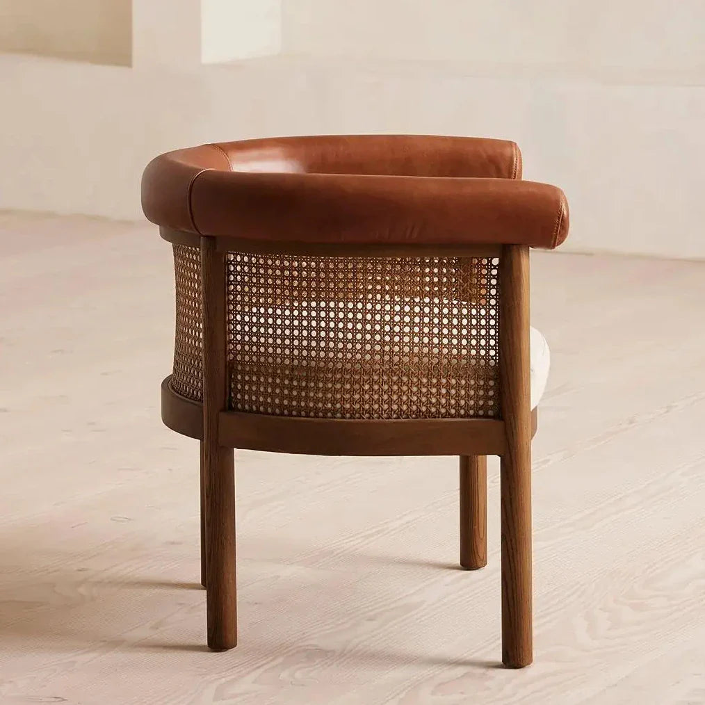 Nordic Solid Oak Dining Chair with Cane Back and Leather Armrest