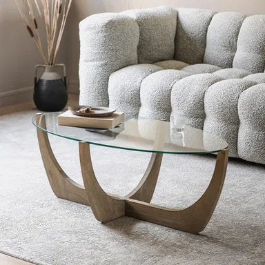Elegant Oak Japandi Wabi-Sabi Coffee Table with Tempered Glass Top
