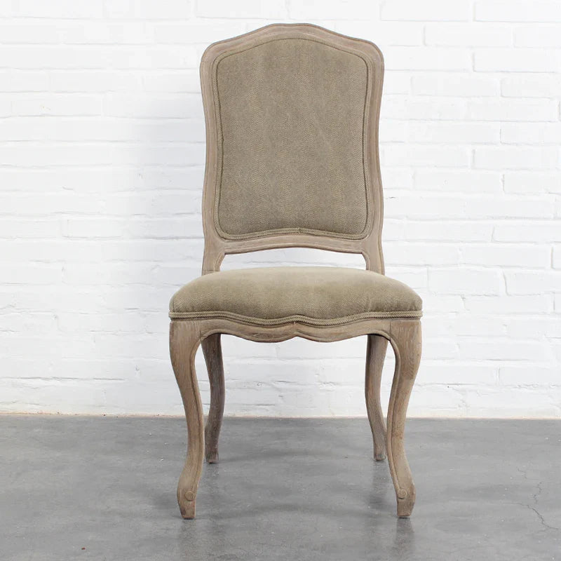 Elegant French Country Linen Upholstered Carved Oak Dining Chair Antique Style
